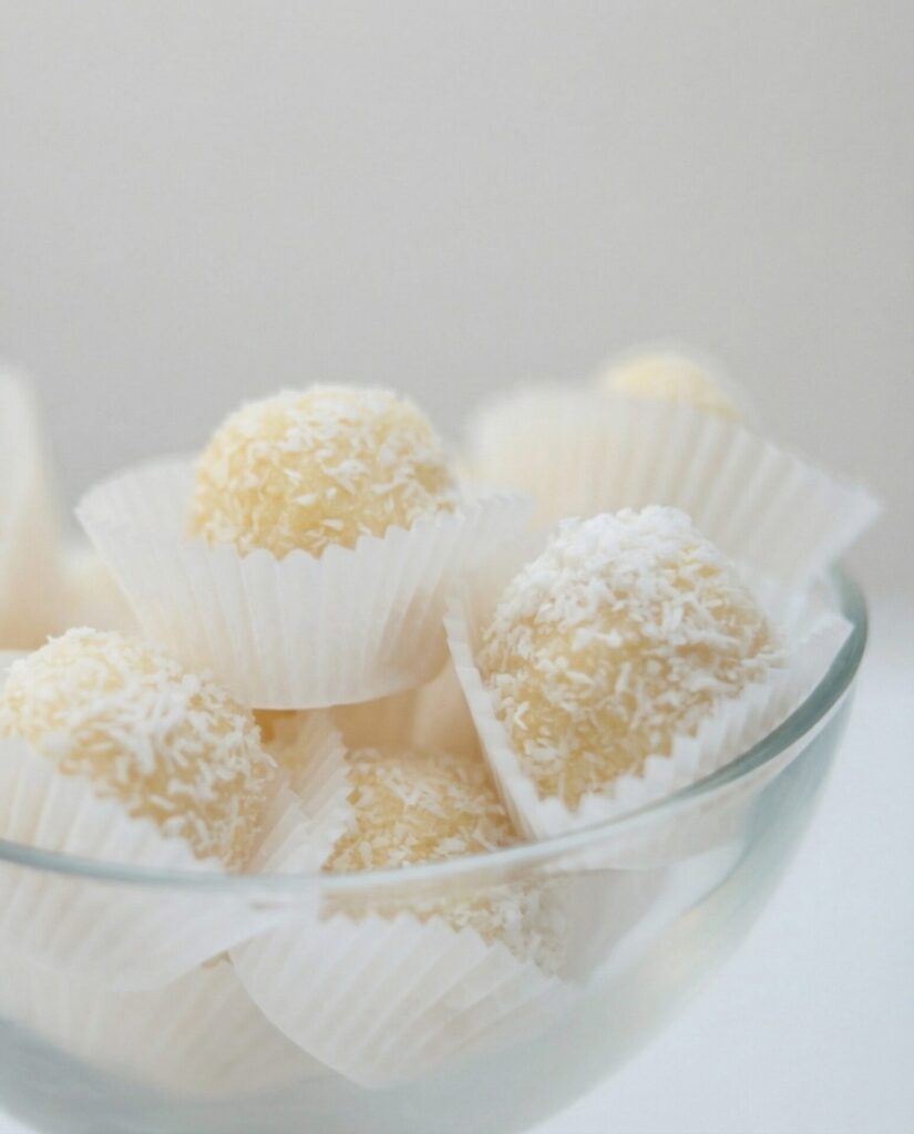 Házi készítésű cukormentes Raffaello kókuszgolyó Yummy Sweet Gold Joy édesítőszerrel, eritrit és négyszeres cukorhelyettesítő alternatívával – diétás és keto recept