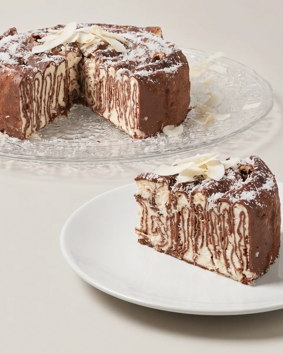 Cukormentes kókuszkrémes kakaós palacsintatorta szeletelve, gluténmentes recept