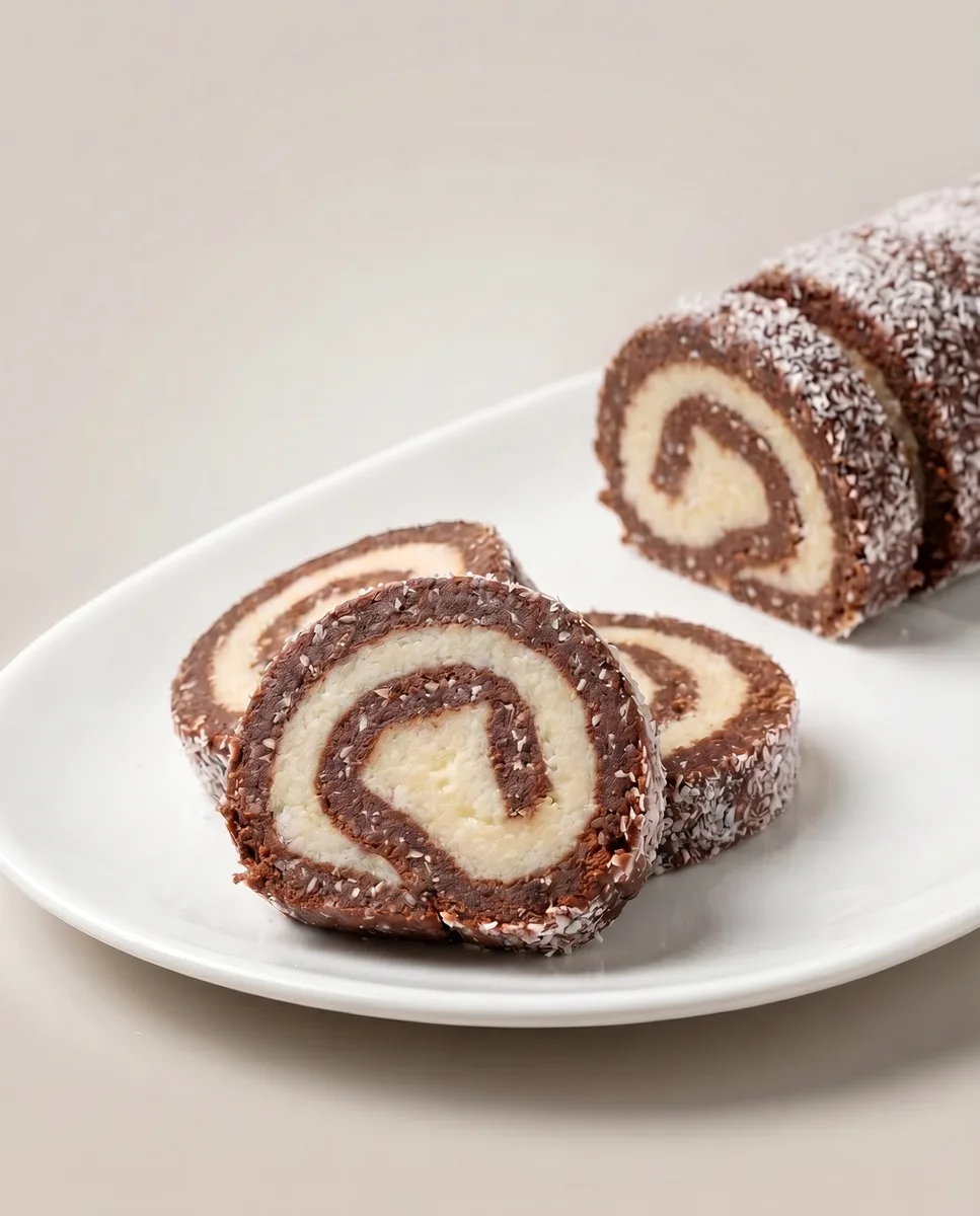 Cukormentes vásári kókusztekercs szeletelve, kókuszreszelékben